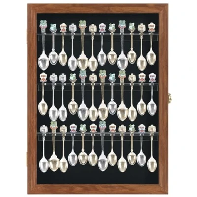 Afbeelding van Theelepel souvenir lepel vitrine kast echte glazen deur, (walnoot afwerking)
