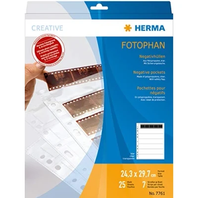 Afbeelding van HERMA 7761 negatieve hoezen 35 mm voor map, 25 stuks elk 7 strips à 5 afbeeldingen, variatiehoezen kleine beeldnegatieven met euro perforatie en veiligheidsflap, transparant