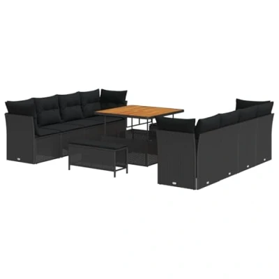 Afbeelding van vidaXL 11 delige tuinsofa set met kussens Zwart Poly Rattan Acacia, 3 tuin eetset Acacia
