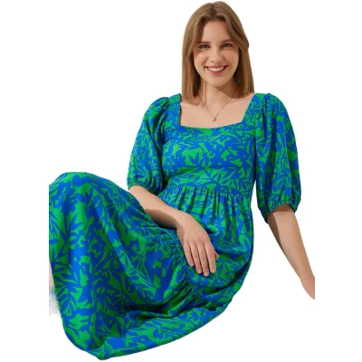 Afbeelding van Happinessistanbul Blauwgroene Viscosejurk Met Vierkante Kraag En Ballonmouwen Voor Dames Ci00107
