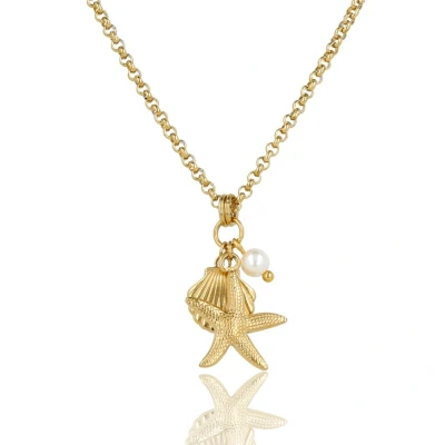 Afbeelding van My Bendel Zomerse ketting Met drie bedels Goudkleurige schelp, zeester en parel hanger luxe cadeauverpakking