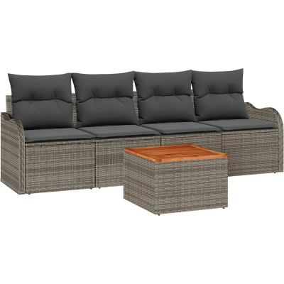 Afbeelding van vidaXL 5 delig tuinbankstel met kussens grijs poly rattan acacia, 2 zits tuinbank