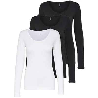 Afbeelding van ONLY 3 pack dames shirt met lange mouwen zwart en wit basic longsleeve zomer van 95% katoen XS S M L XL 15209156, stuks kleurenmix 1,
