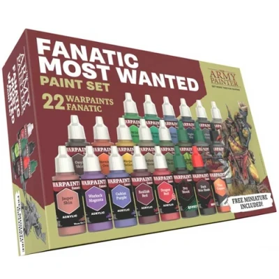 Afbeelding van The Army Painter Warpaints Fanatic: Most Wanted Set, 22 lakken: 14 acrylkleuren, 2 huidtinten, metallics, effecten, 1 wasbeurt, borstelprimer en een gratis miniatuurfiguur