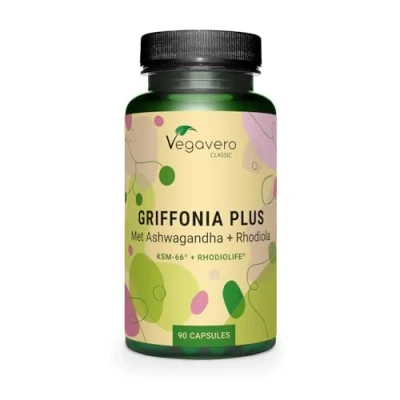 Afbeelding van Vegavero 5 HTP capsules van Griffonia Met Ashwagandha KSM 66® en Rhodiola Rosea Rhodiolife® Adaptogeen complex Laboratorium getest Zonder toevoegingen