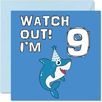 Afbeelding van 9e verjaardagskaart jongen Shark Watch Out Happy Birthday Card 9 Year Old Boy, jongenskaarten voor hem, 145 mm x wenskaart zoon broer kleinzoon neef god negende verjaardag
