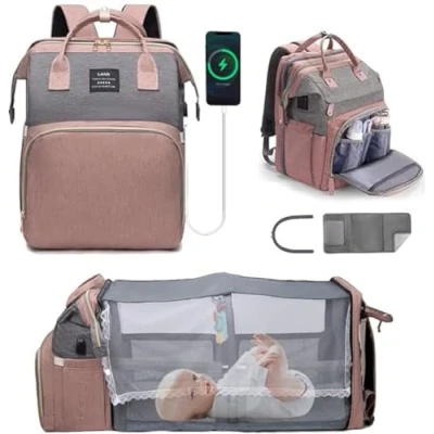 Afbeelding van YUDOXN luierrugzak voor baby&#039;s, draagbaar, baby&#039;s en kinderen, opvouwbaar, multifunctionele met aankleedkussen, Roze