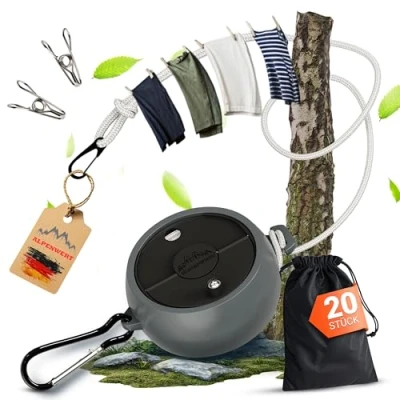 Afbeelding van ALPENWERT® Robuuste waslijn, uittrekbaar, 10 m waslijn voor reizen en camping, incl. 20 roestvrijstalen klemmen, camper, vanlife backpacking