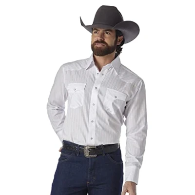 Afbeelding van Wrangler Heren Sport Western Two Pocket Lange Mouw Snap Button Down Shirts, Wit, L