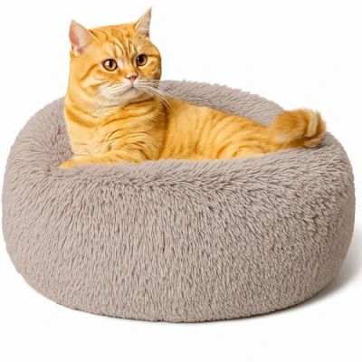 Afbeelding van Kalmerend donut kattenbed, pluizig pluche rond hondenbed, behaaglijk zacht wasbaar kussen, verwarmende huisdierbedden met antislip onderkant, anti angst indoor slapen knuffelnest voor katten puppy