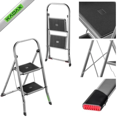 Afbeelding van KADAX Vouwladder van staal, trapladder met draagvermogen tot 150 kg, ladder klapbeveiliging, leuning antislip treden (2 treden)