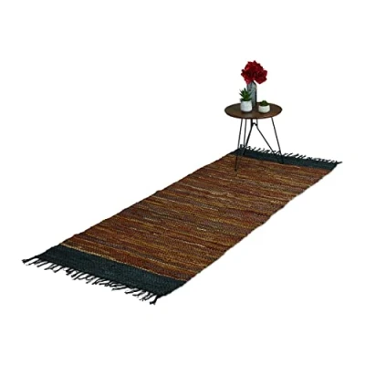 Afbeelding van Relaxdays vloerkleed leder en katoen tapijt met franjes diverse kleuren binnenkleed Bruin, 80 x 200 cm