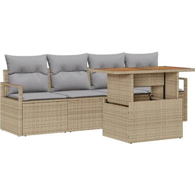 Afbeelding van vidaXL 5 stukjes Tuin Sofa Set met Kussens Beige Poly Rattan, 2 Zits Opbergruimte &amp; Rattan