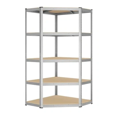 Afbeelding van SONGMICS hoekplank 5 niveaus, zware metalen plank, opbergplank voor garage, berging, kelderplank, draagvermogen tot 875 kg, zilvernatuurbeige GLR080E01