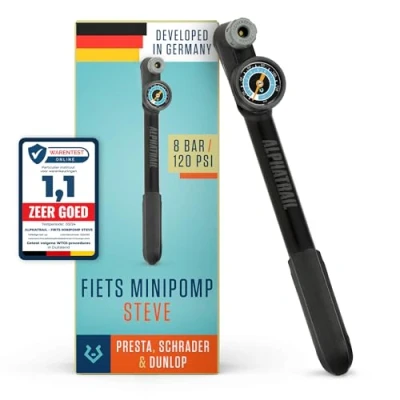 Afbeelding van Steve Minipomp voor alle kleppen I 8,3 Bar / 120 PSI Maximale Druk Grote Ronde Manometer (Diameter 32 mm) Ergonomische T Handgreep Luchtpomp Franse Klep, Autoklep &amp; Dunlop Klep