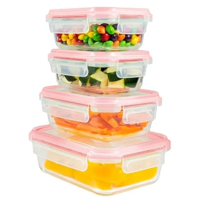 Afbeelding van Home Fleek Glazen Vershoudbakjes, Rechthoekig Glas Meal Prep Food Container Met Deksel Ruimtebesparende Voedselopslag Voor Magnetron En Vriezer Containers (Set 4, Rood)