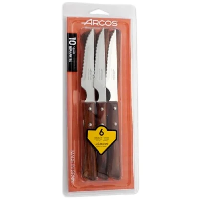 Afbeelding van ARCOS 6 delige steakmessenset 4,3 Inch. zakmes met parelrand voor snijden en filet vlees. RVS gekarteld mes beukenhouten handvat. Serie Mesa