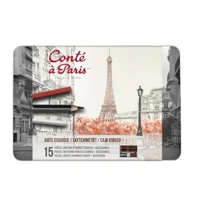 Afbeelding van Conté à Paris 750411 Esquisse Box in metalen doos 7 schetspotloden, 6 Carré krijtjes en accessoires gummen, estompe