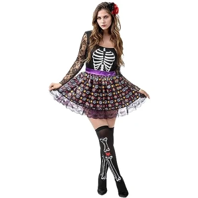 Afbeelding van Funidelia La Catrina Skeletkostuum voor vrouwen Mexicaanse schedel, Halloween, Day of the Dead (Dia de los Muertos), Horror Kostuum Volwassenen Accessoire verkleedkleding en rekwisieten carnaval &amp; feesten Maat M Zwart