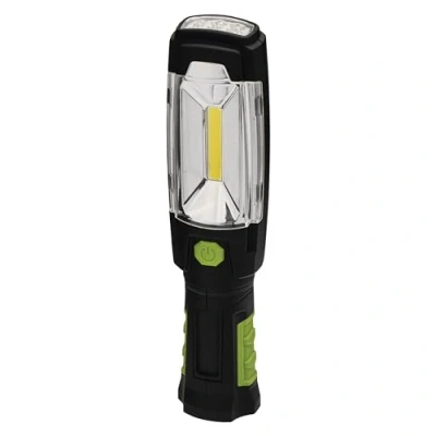 Afbeelding van EMOS COB LED werklamp/werkplaatslamp met magneet en haak, 40 uur brandduur, lichtstroom 160 lumen, 20 m lichtbereik, werkt op batterijen, zwart, groen, 24,5 x 5,5 40,5 cm, P4518
