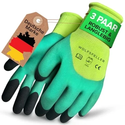 Afbeelding van WOLFSFELLER 3 paar robuuste en comfortabele tuinhandschoenen dames &amp; heren maat 10 handschoenen met dubbel gecoate vingertoppen