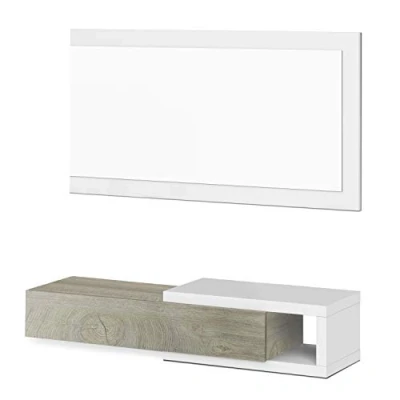 Afbeelding van Hal met lade en spiegel, Entreemeubels, Noon Model, Afgewerkt in Artik White Alaska Oak, Afmetingen: 95 cm (Breedte) x 19 (Hoogte) 26 (Diepte)