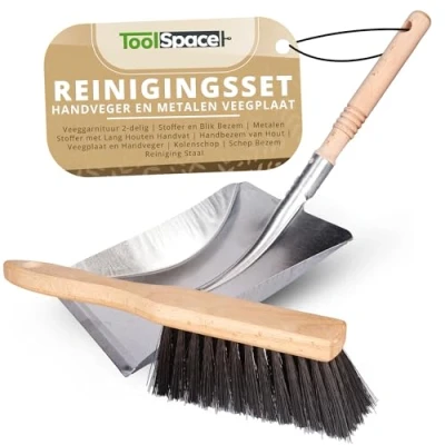 Afbeelding van ToolSpace Veeggarnituur 2 delig Stoffer en Blik Bezem Metalen met Lang Houten Handvat Handbezem van Hout Veegplaat Handveger Kolenschop Schep Reiniging Staal
