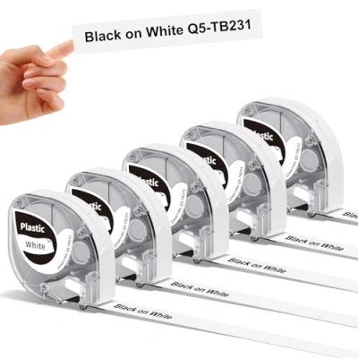 Afbeelding van Phomemo P12 vervangende plastic labeltape voor &amp; Dymo LetraTag LT label maker, gelamineerd gebruik binnenshuis, waterdicht, 12 mm x 4 m, zwart op wit, 5 pack