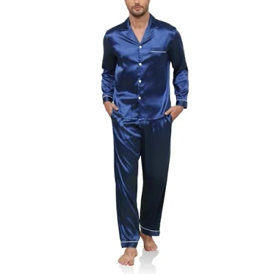 Afbeelding van Reliwel Herenpyjama set zijden pyjama met lange mouwen, button down shirt en broek, twee stuks, zijdeachtige sets, inkeping kraag, loungewear, nachtkleding, S Xxl,