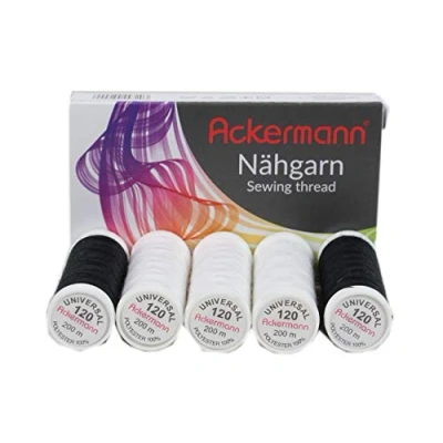 Afbeelding van Ackermann 5X 200m universele naaigaren (allesnaaier), dikte 120, 100% polyester, scheurvast 3 x wit + 2 zwart.
