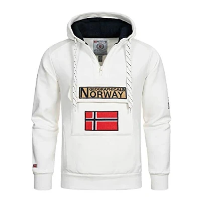 Afbeelding van Geographical Norway GYMCLASS Men heren kangoeroezak hoodie sweatshirt met merklogo en lange mouwen, wit, XL