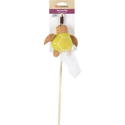 Afbeelding van Flamingo Speelgoed voor kat Lemmo kattenhengel met schildpad groen A: 40 cm B: 55 C: 20 D: 4,5 kurklook kattenmunt en veren aan de elastische band