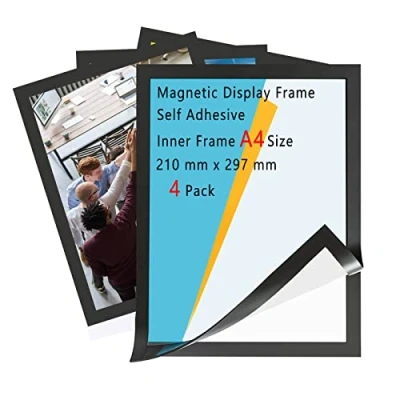Afbeelding van 4 stuks magnetische displaylijsten, zilveren displaylijst, lijsten A4, zelfklevend magnetisch frame, voor reclameborden, waarschuwingen, foto&#039;s, berichten