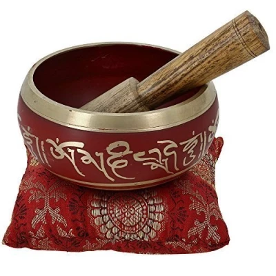 Afbeelding van Ajuny Tibetaanse klankschaal set handgemaakte meditatie messing met stok en kussen voor yoga, chakra genezing, mindfulness stressverlichting, spirituele geschenken rood