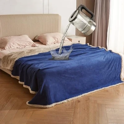 Afbeelding van Catalonia Classy Waterdichte deken, sprei voor bed, bankbeschermer, waterafstotend, woonkamer, fleece, sherpa bank, sofa, 152 x 127 cm, donkerblauw/taupe
