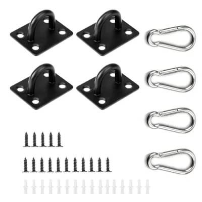 Afbeelding van MHYMX Roestvrij stalen oogplaten, 4 stuks dekplaten met oog en karabijnhaak, grote plafondhaken, oogplaten voor luifels, wandhaken, hangmatten, plafondbevestiging, wandbevestiging, 37 x 46 mm