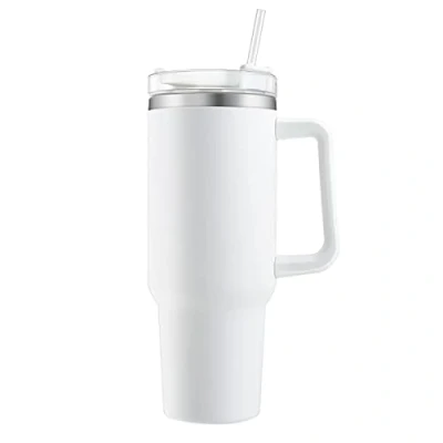Afbeelding van Dubbelwandige, roestvrijstalen vacuüm isolatiebeker met handvat en rietje, 1200 ml, geïsoleerde koffiebeker, autobeker, reisbeker, thermobeker voor koude warme dranken, wit