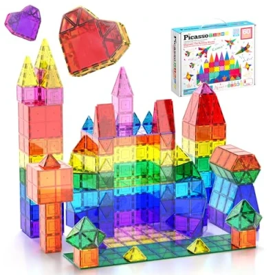 Afbeelding van PicassoTiles Magnetic Tiles 60pcs Kids Toys Classroom Sensory Toy for Toddlers STEM Learning Building Blocks, Montessori Pretend Play Magnet Tile Construction Stacking Block Boys Girls Ages 3+ PT60