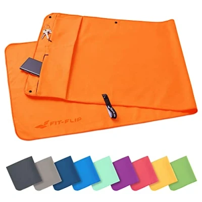 Afbeelding van Fitness handdoek set met vak ritssluiting + magneetclip, voor patent aangemelde multifunctionele handdoek, microvezel (Oranje)
