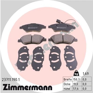 Afbeelding van ZIMMERMANN 23711.190.1 Remblokkenset Incl. slijtage waarschuwingscontact Foto komt overeen met de leveringsomvang ALFA ROMEO: MiTo, FIAT: BRAVO 2