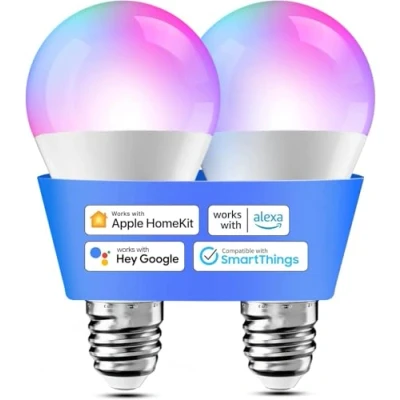 Afbeelding van Slimme gloeilampen, set van 2 led compatibel met HomeKit, Siri, Alexa, Google Home en SmartThings, E27 RGBWW wifi gloeilamp, dimbaar, meerkleurig, spraakbesturing afstandsbediening