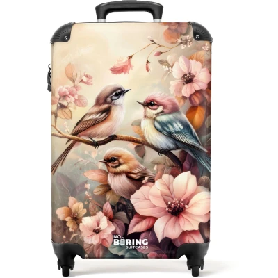 Afbeelding van NoBoringSuitcases.com® Kinderkoffer meisje Kindertrolley meisjes Vogels met roze bloemen Handbagage koffer lichtgewicht Reiskoffer trolley kinderen Rolkoffer wieltjes Past binnen 55x40x20 en 55x35x25