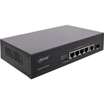 Afbeelding van InLine PoE+ Gigabit Network Switch 5 Poorts met 4X poorten, 65 Watt, 1x SFP poort, LWL/Glasvezel, LAN, 1 Gbit/s, Desktop, Metalen Behuizing zonder ventilator, Zwart, 32305R