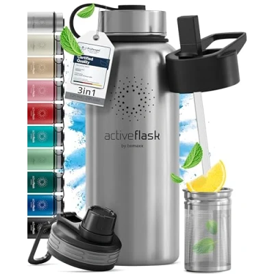 Afbeelding van Active Flask Drinkfles, roestvrij staal, met rietje (3 deksels), BPA vrij, lekvrij, geschikt voor koolzuurhoudende dranken, waterfles, fiets, thermosfles, geïsoleerde sport,