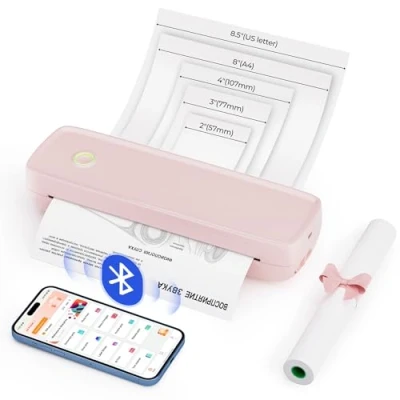 Afbeelding van MUNBYN Draagbare printer Draadloos Reizen ITP04, Thermische Bluetooth printer, Ondersteuning 8,5&#039;&#039;x11&#039;&#039;&amp;A4, Inktloze Compatibel met Android iOS telefoon en laptop, Kleine mobiel, Roze