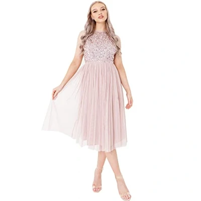 Afbeelding van Maya Deluxe Dames midi jurk met halter hals tule voor avondafstuderen prom bruiloft bruidsmeisjes baljurk, Frosted Roze, 32