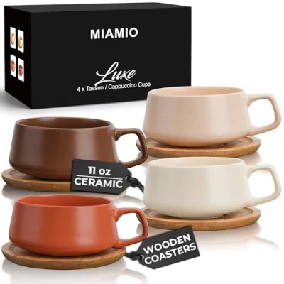 Afbeelding van MIAMIO 320 ml, set van 4 keramische theekop en schotel bamboe/theemok brede cappuccino beker, koffiekopjes, mok voor cappuccino, latte, espresso Americano Luxe collectie (beige