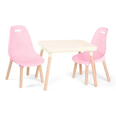 Afbeelding van B. spaces Kindertafel met 2 stoelen, kinderzitgroep, 1 tafel en kinderstoelen houten poten, voor kinderen vanaf 3 jaar, kindermeubels, roze wit