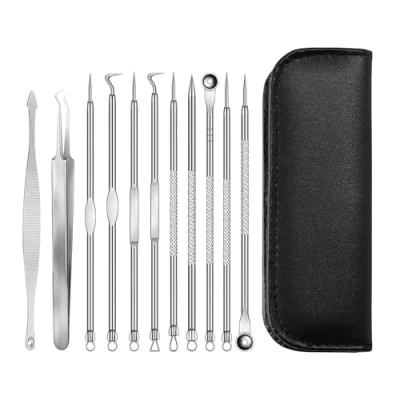 Afbeelding van 11 delige mee eterverwijderset, acne verwijderaar van roestvrij staal, extractor, eterverwijderaar, puistjes knijpgereedschap, eters en poriënreiniger