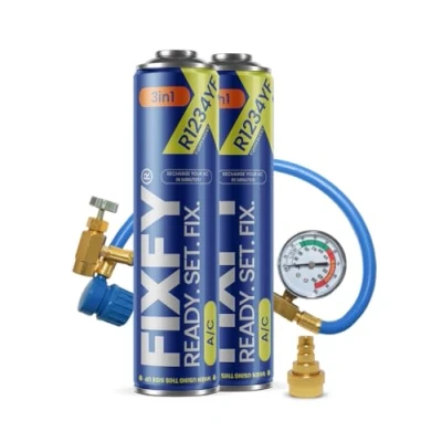 Afbeelding van FIXFY XFY R1234YF Koelmiddelvervanging met olie en afdichtmiddel, voor het zelf vullen van de airconditioning voertuigen vanaf bouwjaar 2017, 2 blikjes slang